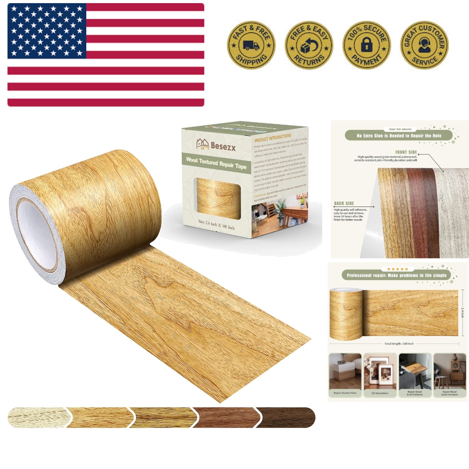 Wood Grain Repair Tape, 2.4" X15', Self Adhesive Wood Grain Repair Patch for ...