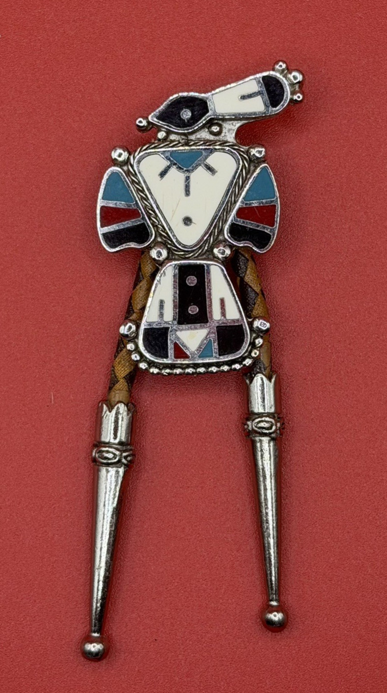 Zuni Native American Multi‑Stone Inlay Bolo Tie Pendant, Turquoise Coral Onyx +