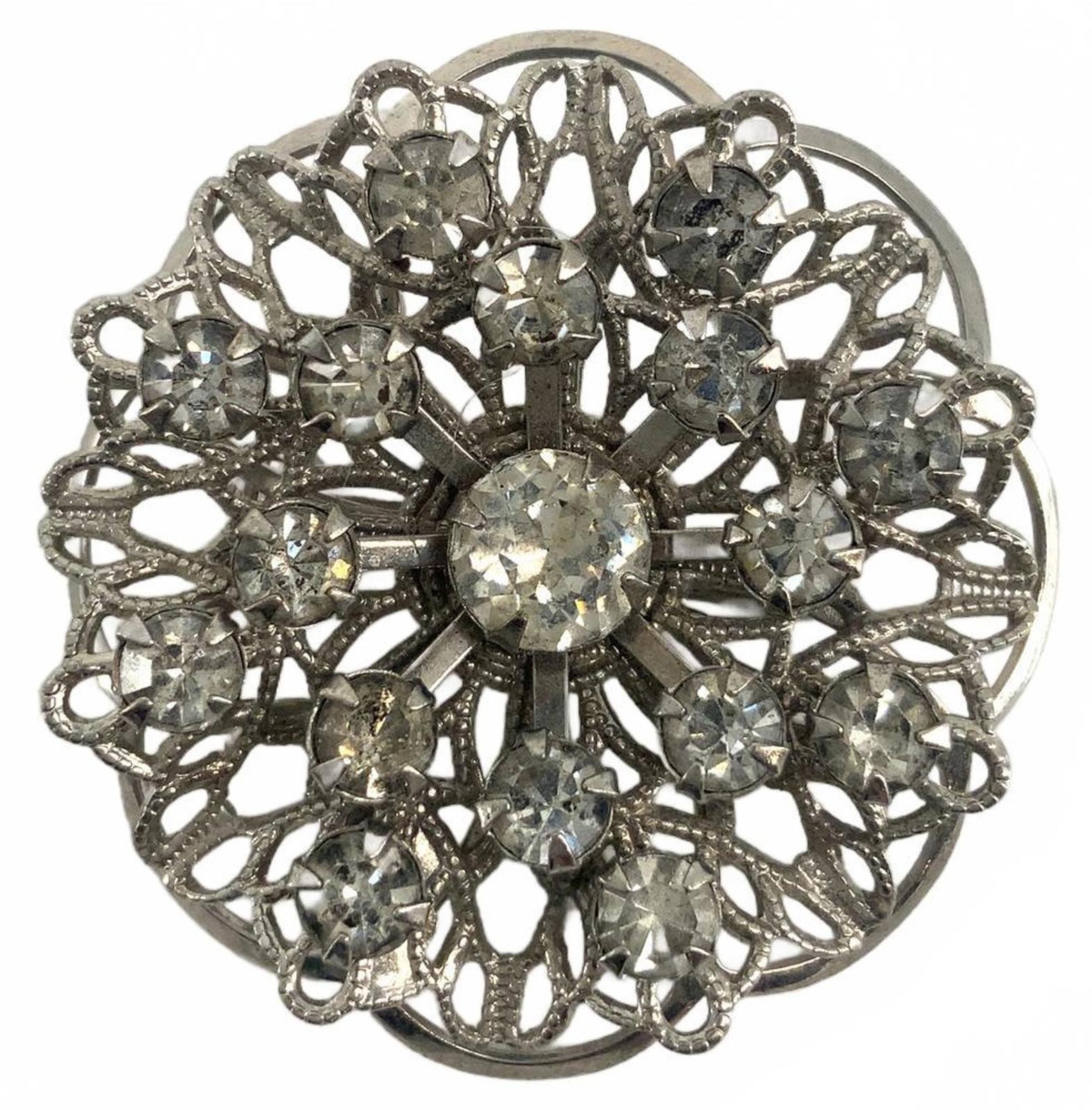 Vintage Silver Tone Filigree Art Deco Style Rhinestone Floral Brooch Pin Small