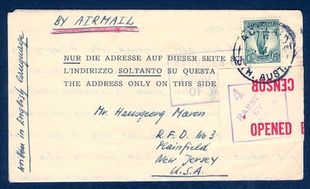 AUSTRALIA 1943 NO 10 INTERNMENT CAMP SOUTH AUSTRALIA AIR TO USA