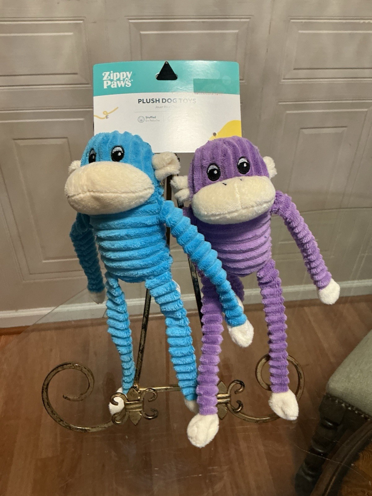 Zippy Paws 2 Pack Plush Crinkle Monkeys Blue Purple Pet Dog Toy Squeaks 11" NEW