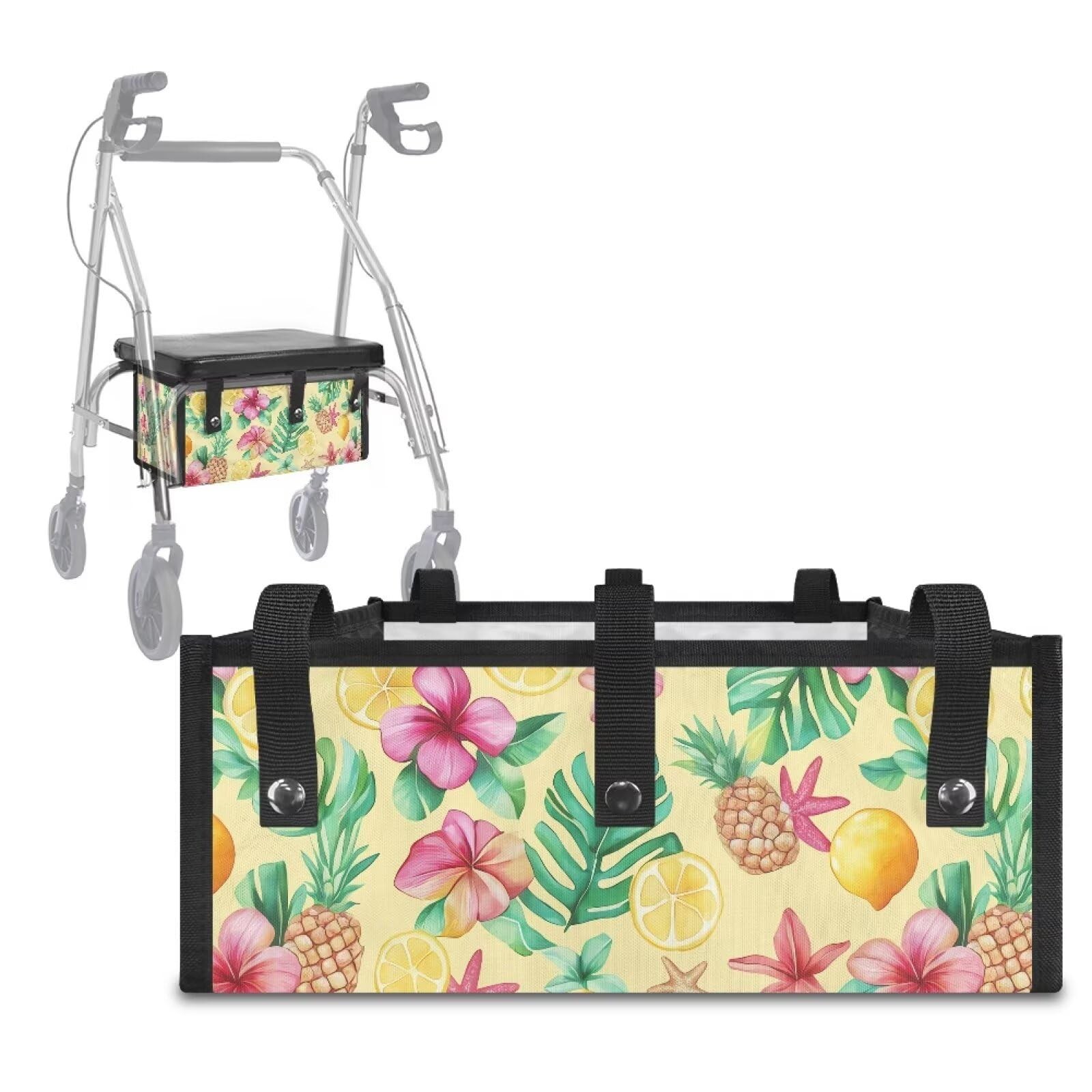 Basket for Walker Under Seat, Flower Leaf Print Rollator Basket Bag for Walke...