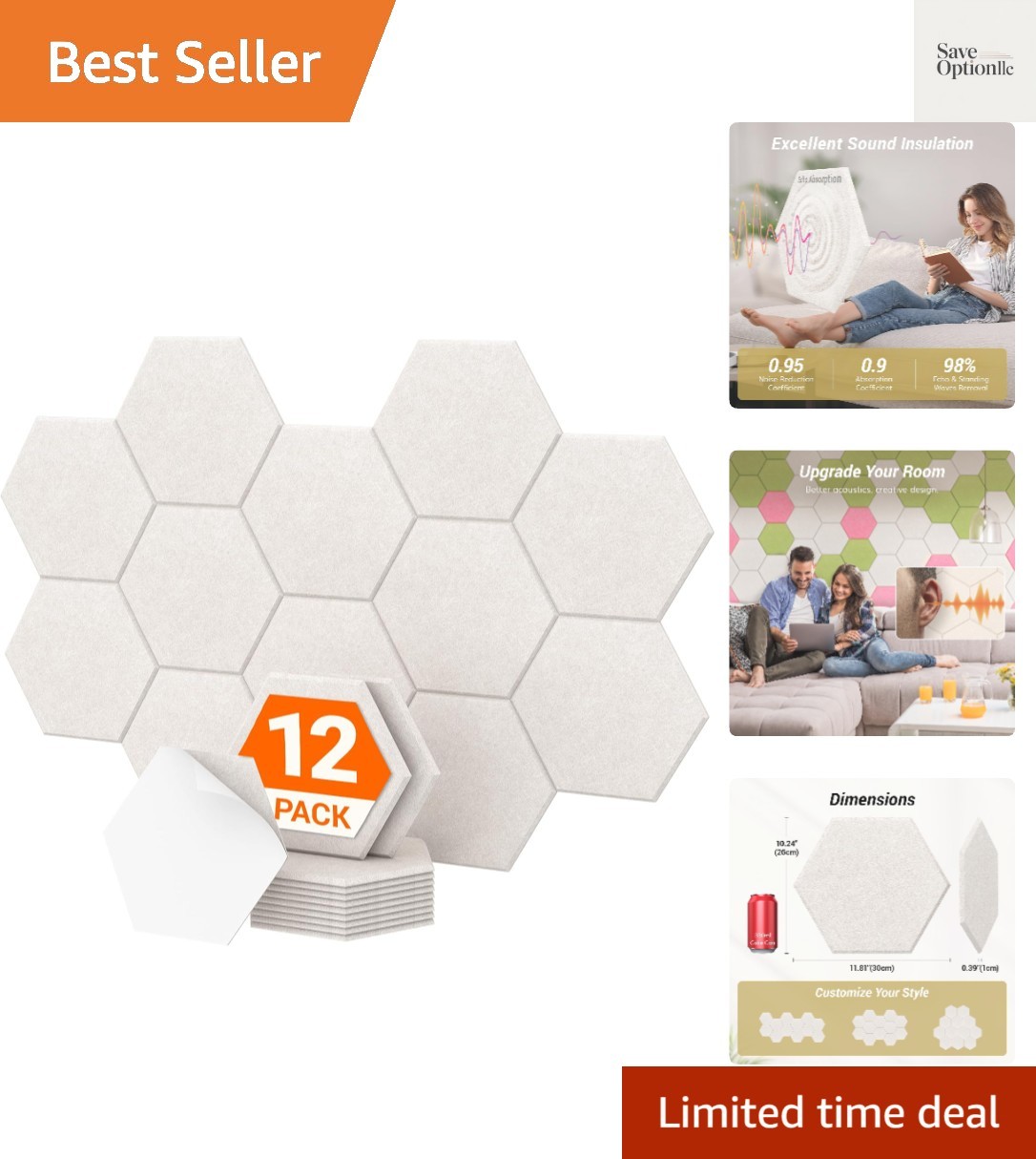 12 Pack High Density Hexagon Acoustic Panels, 12"x 10"x 0.4" Soundproof Wall ...