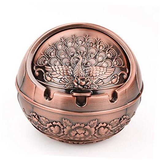  Vintage Decorative Windproof Ashtray with Lid for Peacock-Red Copper