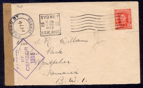 AUSTRALIA 1942 CENSORED TO JAMAICA