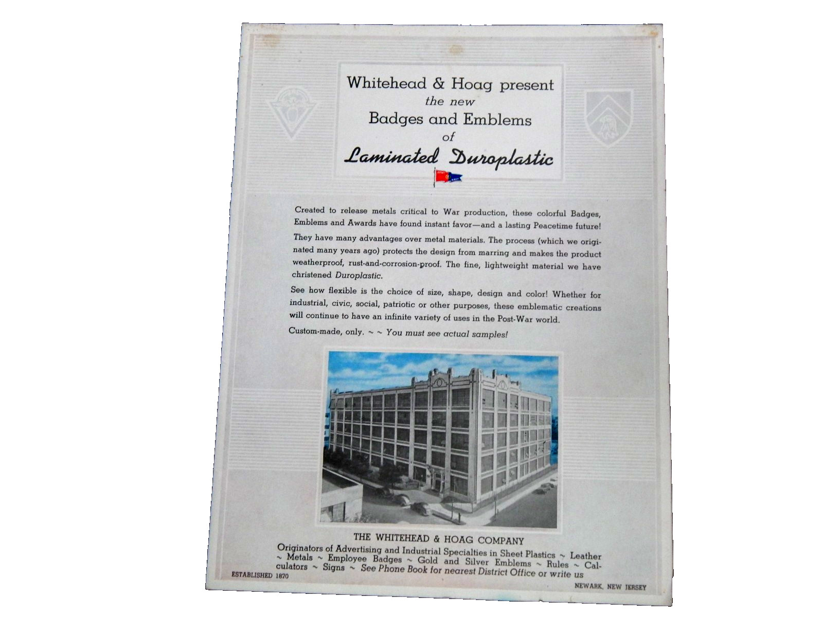 WWII ERA WHITEHEAD & HOAG NEW BADGES & EMBLEMS LAMINATED DUROPLASTIC 8PG CATALOG