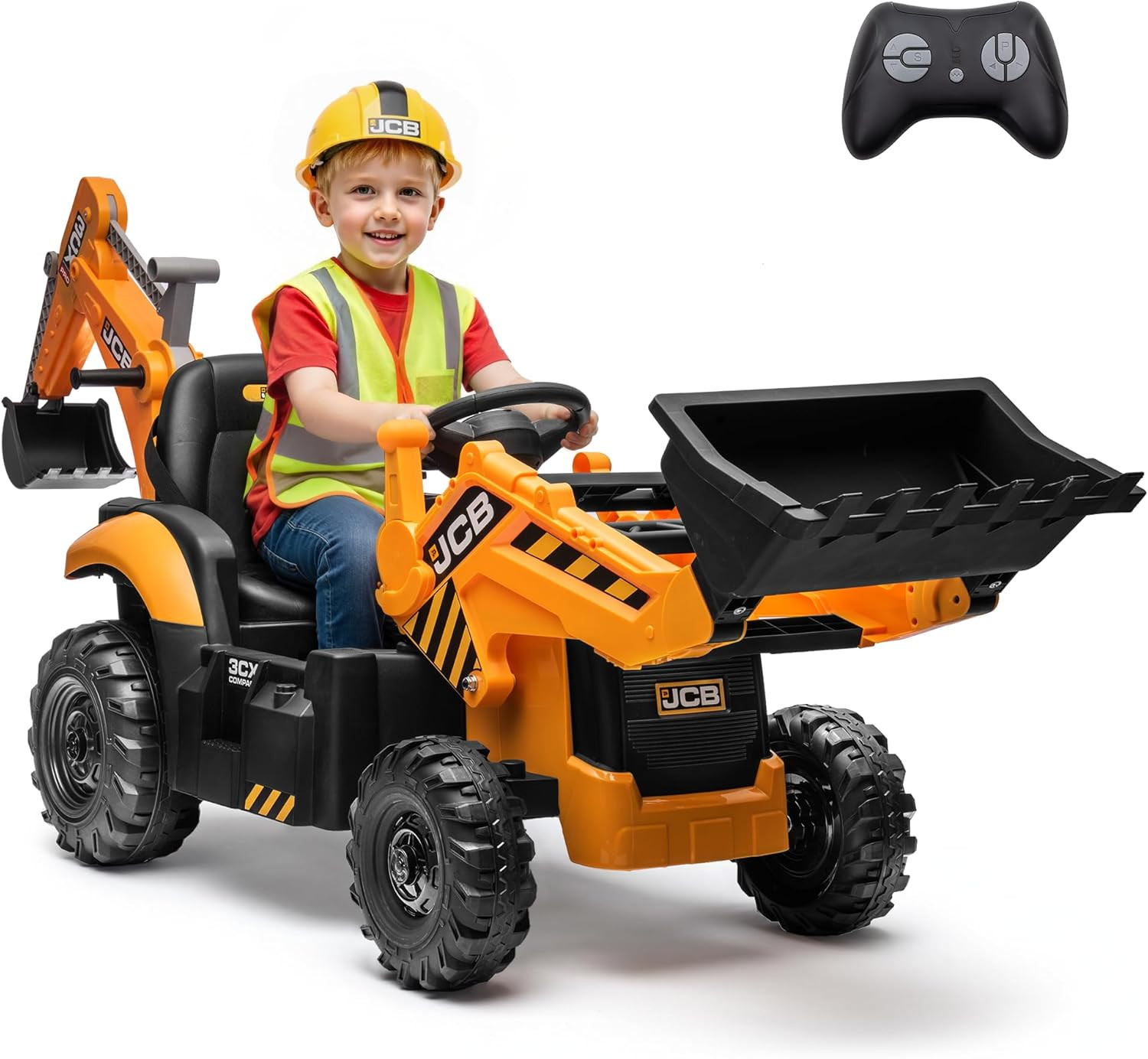 24V JCB Ride on Excavator for Kids, 3-In-1 Ride on Backhoe Digger with Front Loa