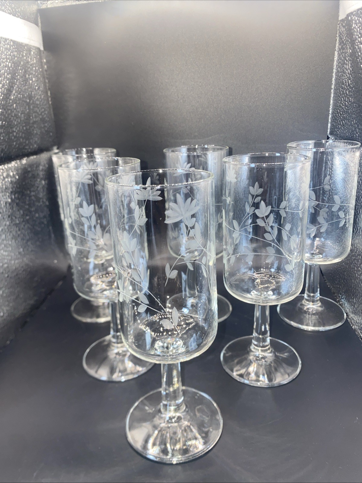 Set of 6 Vintage Stemmed Cordial Liqueur Parfait HTF Glasses Etched Floral
