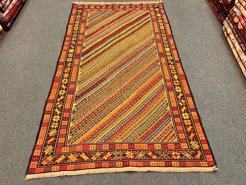 4 X 6.5 ft Stunning Vintage ZigZag Wool And  Silk Turkish Full Sumac Kilim Rug