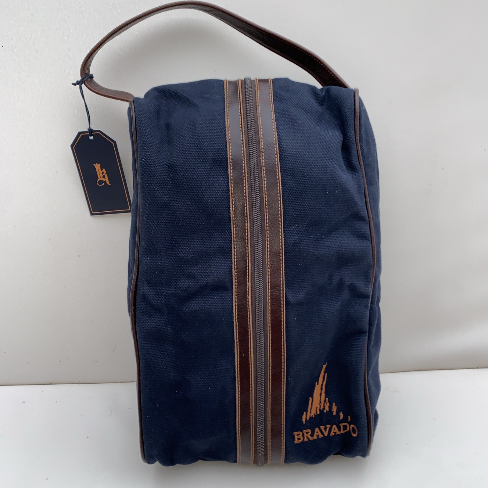 Links Kings Canvas Leather Shoe Bag Navy Brown Logo