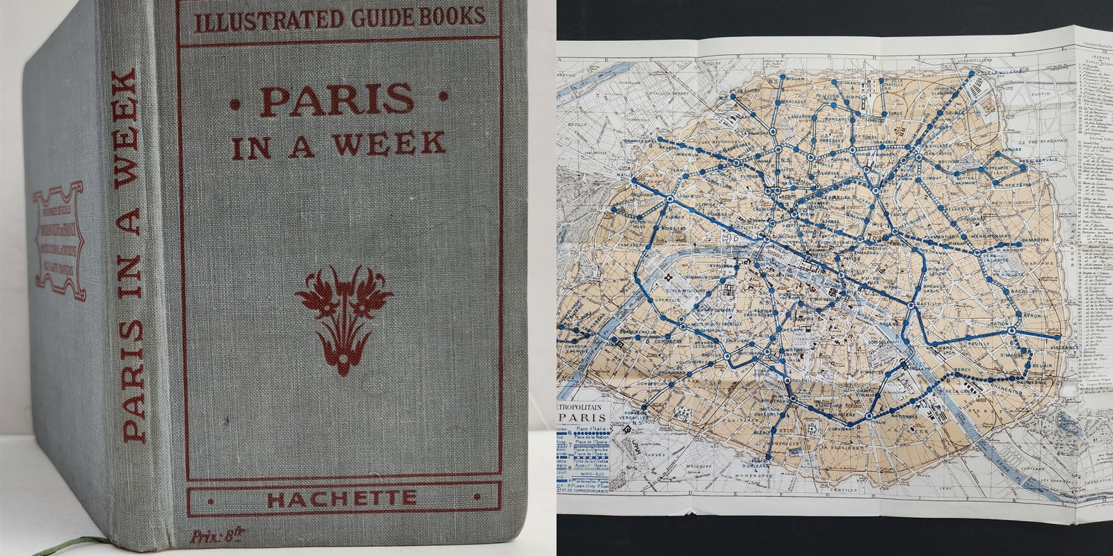 antique PARIS GUIDE travel w FOLDOUT MAP holy stairs die cut kleinert ILLUS
