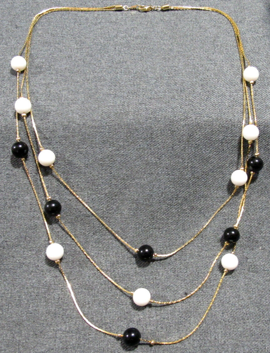 Vintage black white plastic beads goldtone metal snake chain 3 strands necklace