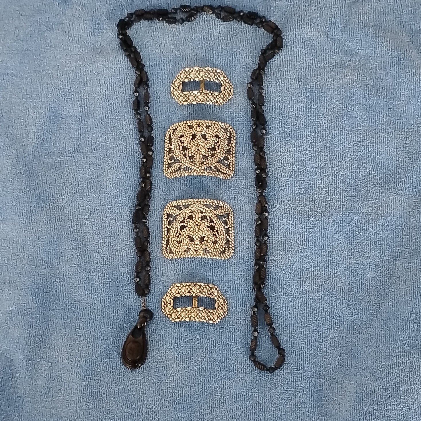 Victorian Vintage Belt Buckles, Black Stone Chain with Black Bakelite Pendant 