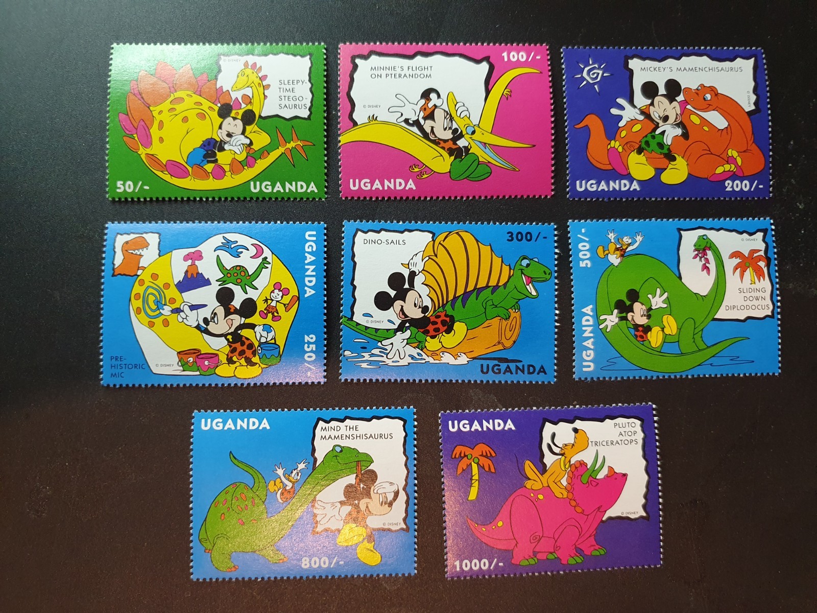 UGANDA DISNEY DINOSAUR STAMPS 1993 MICKEY MINNIE TRICERATOPS STEGOSAURUS #3961