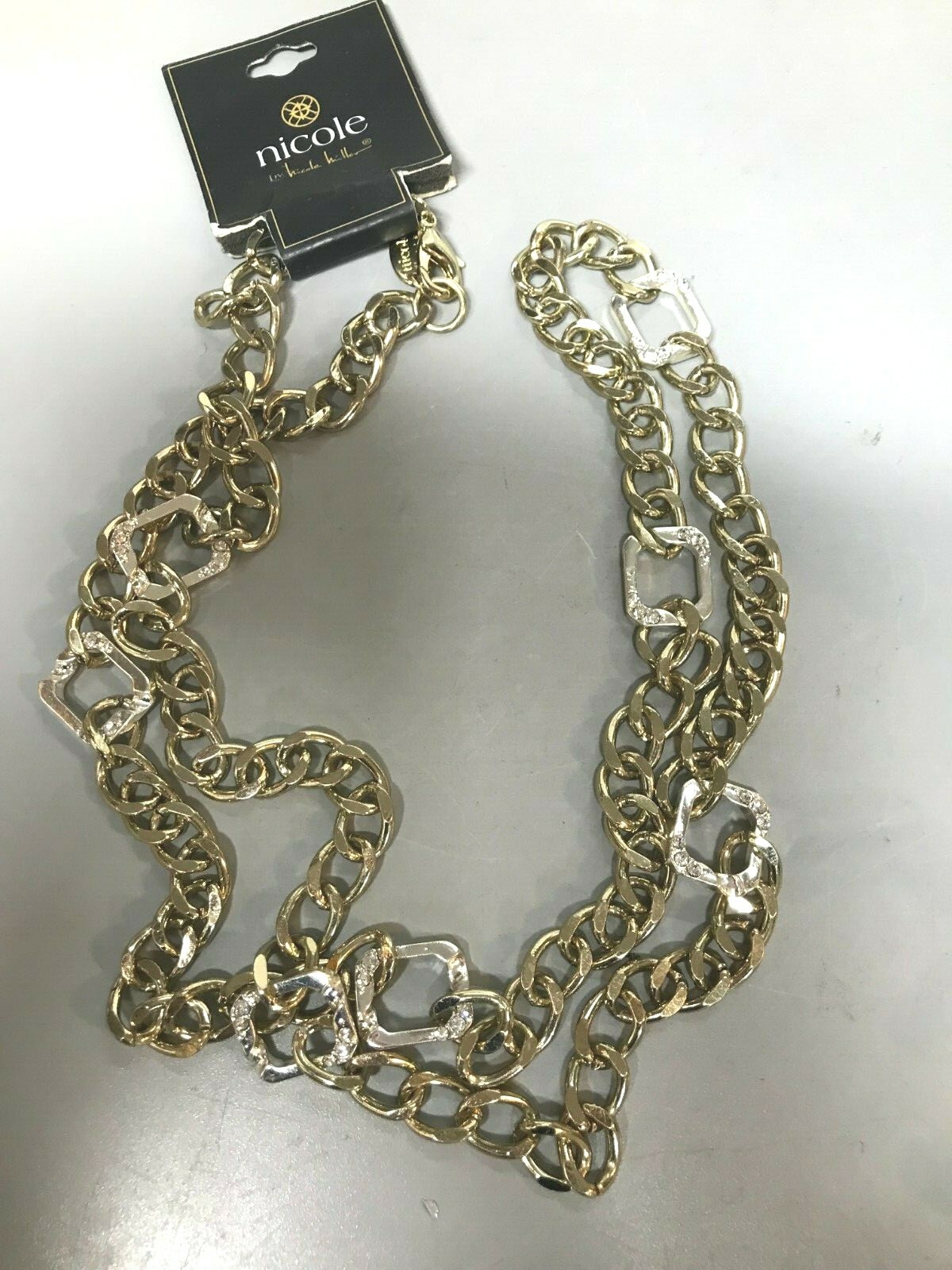 Nicole Miller Silver & Gold Tone Chain Link Rhinestone Long Necklace NWT 21"