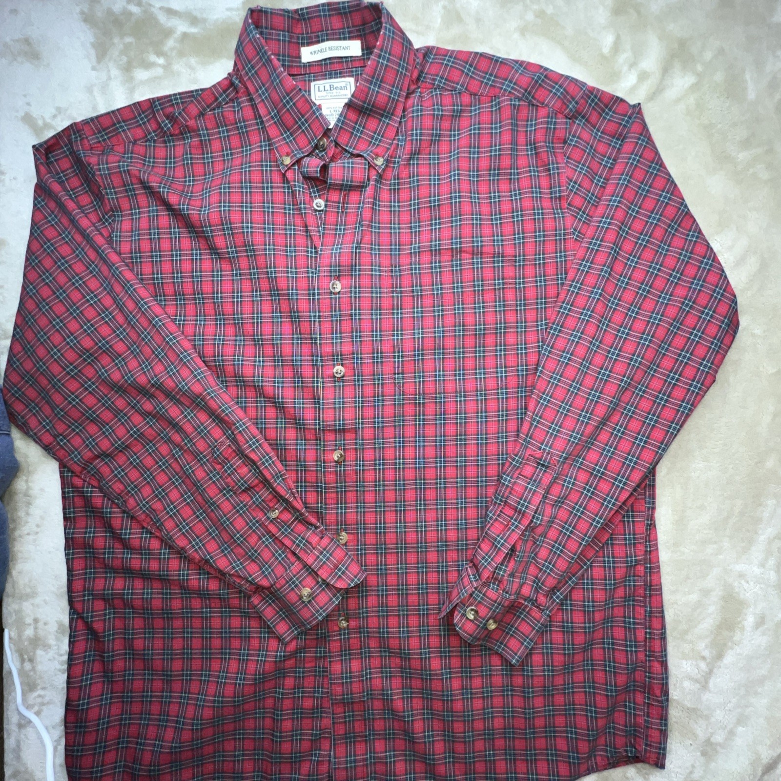 LL BEAN MENS BUTTON DOWN SHIRT L WRINKLE RESISTANT PLAID GREEN VTG 90's Grunge