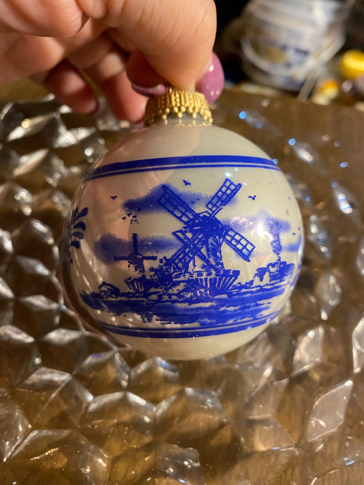 Vintage Blue Windmill on White Ball Christmas Ornament 2.5"