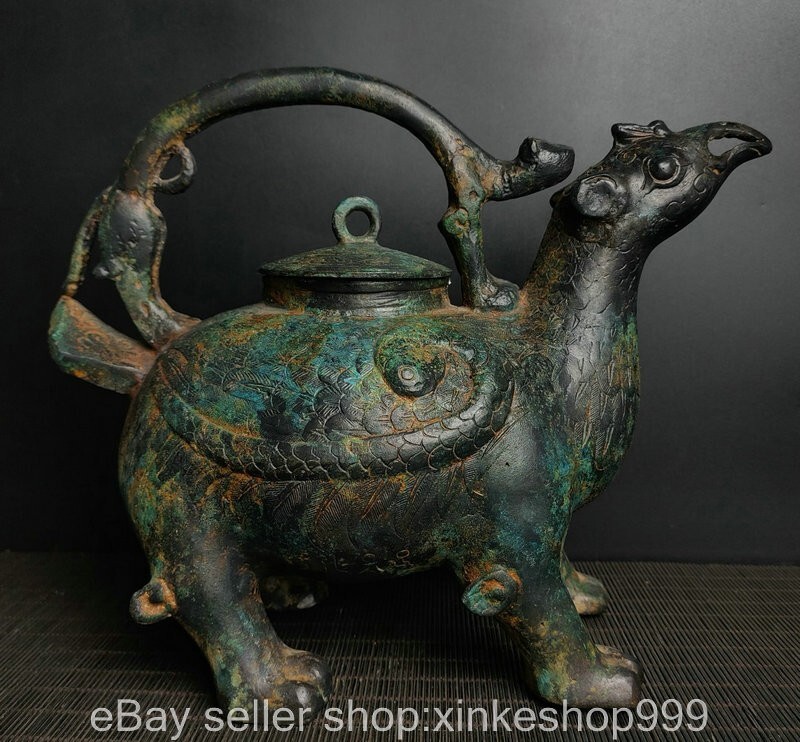 10.8" Chinese dynasty bronze Ware inscription bird handle Wine Tea Pot Flagon