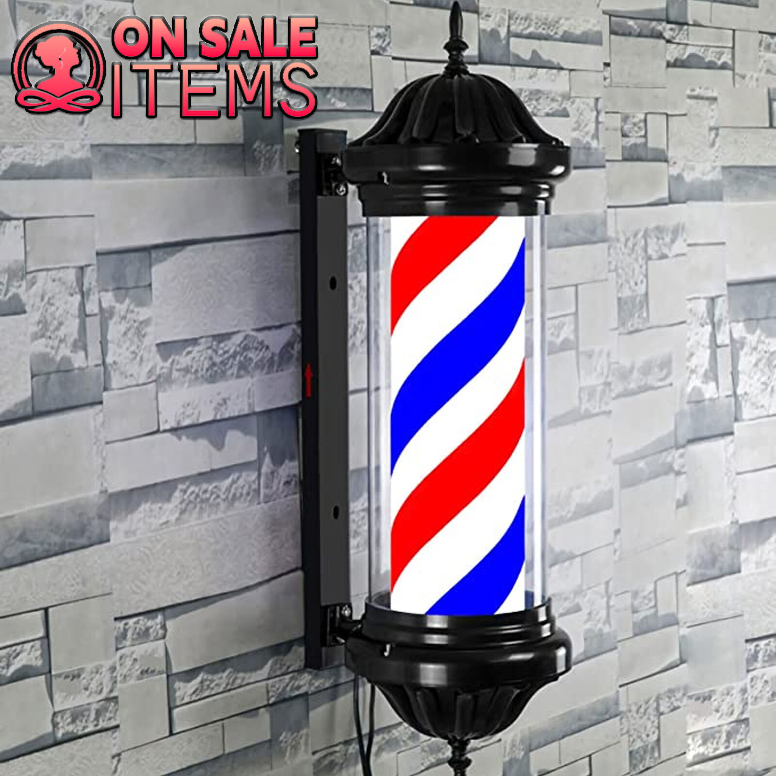 Barber Pole LED Light Red White Blue Rotating Stripes Metal Hair Salon Shop Sign