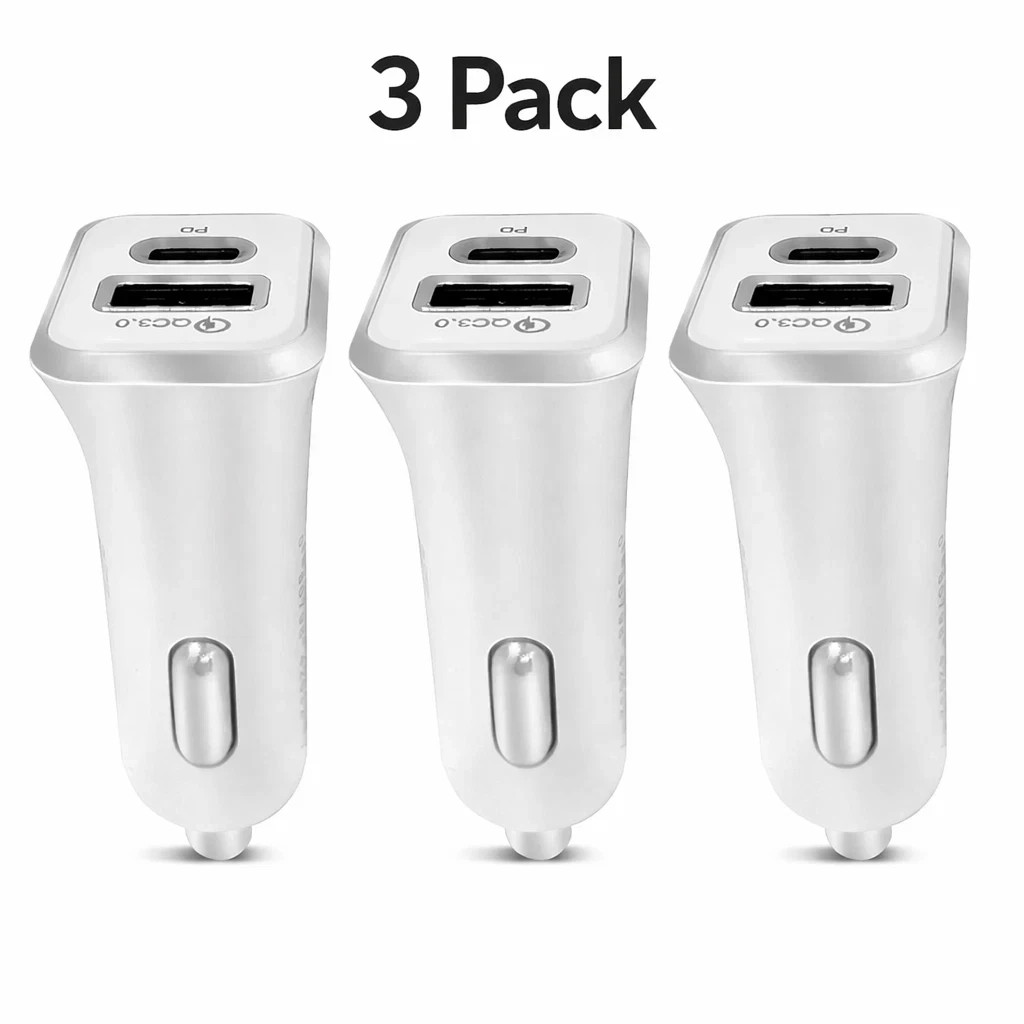 Warner 3-Pack 2-Port Fast Charging Car Charger USB-A & USB-C PD Fast Charge