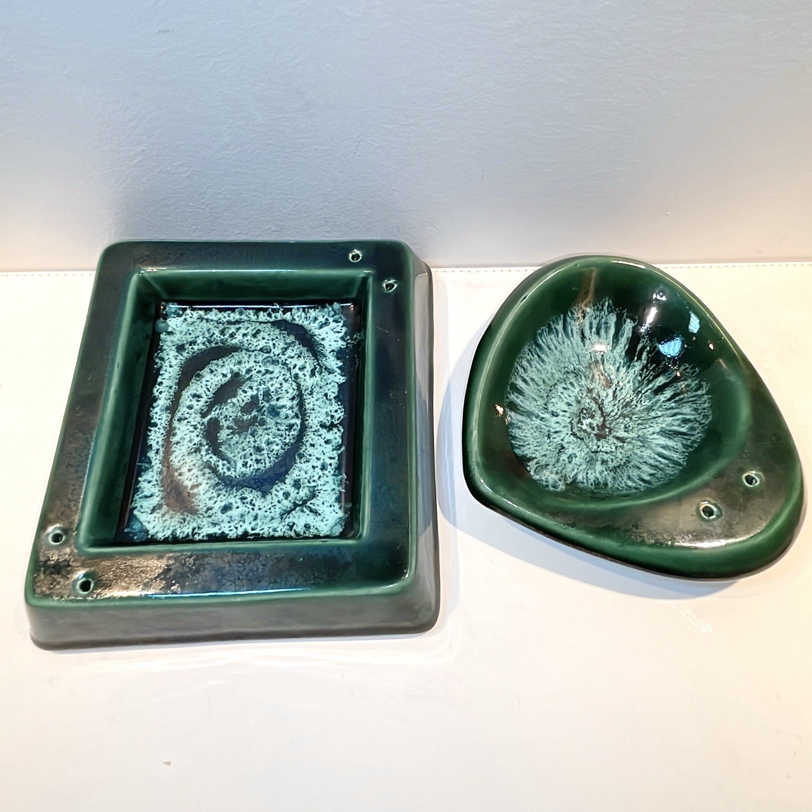 Vintage Mid Century Modern Pottery Ashtray Dishes Green Blue Made in USA