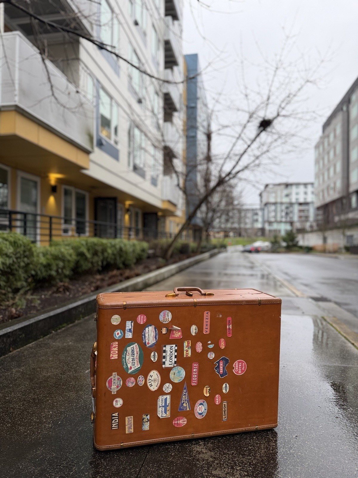 Samsonite Vintage 1960s Hard Leather Locking Brown Suitcase with Travel Stickers