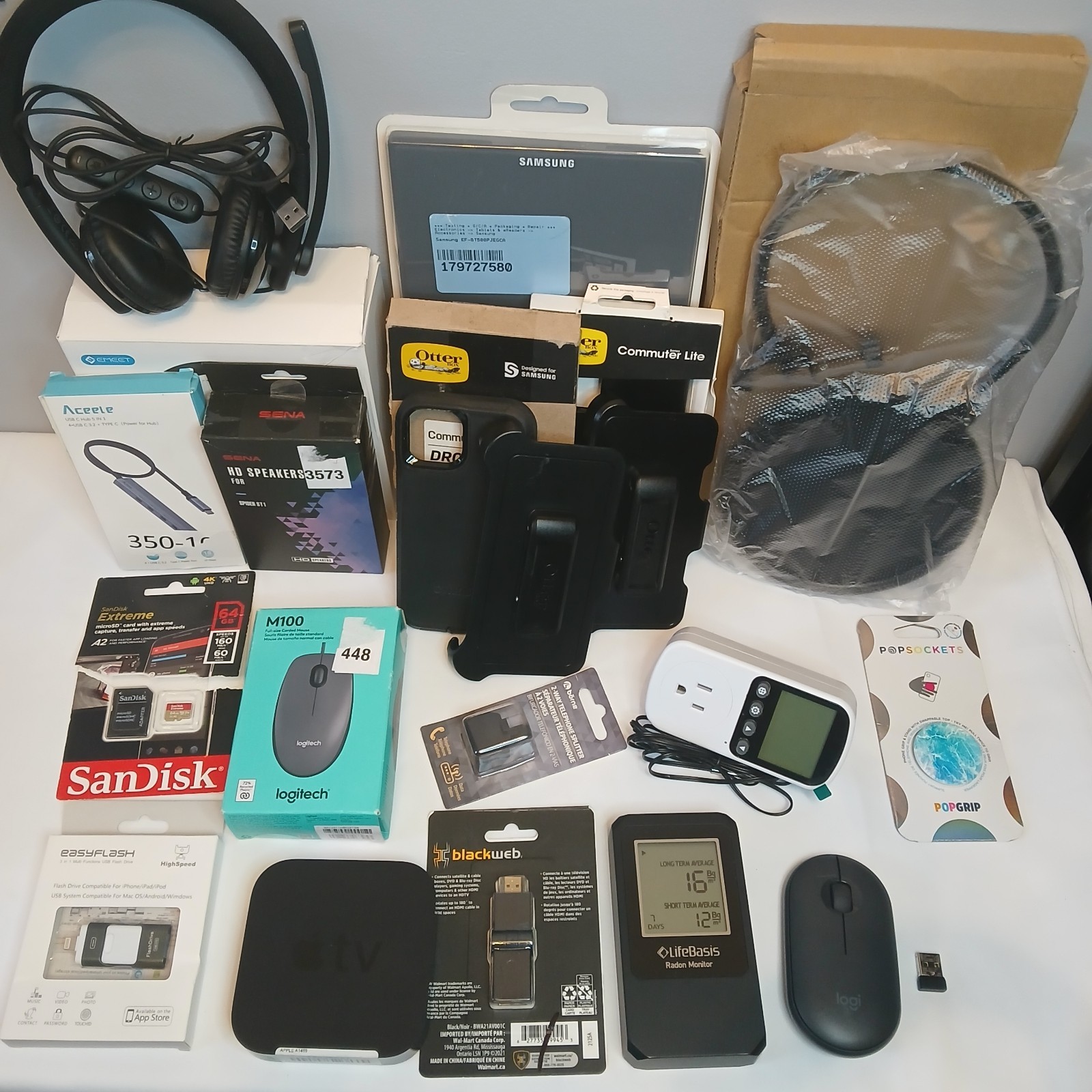Lot of 20 Mixed Electronics New & Untested – Apple TV, USB Hub, Radon Detector..