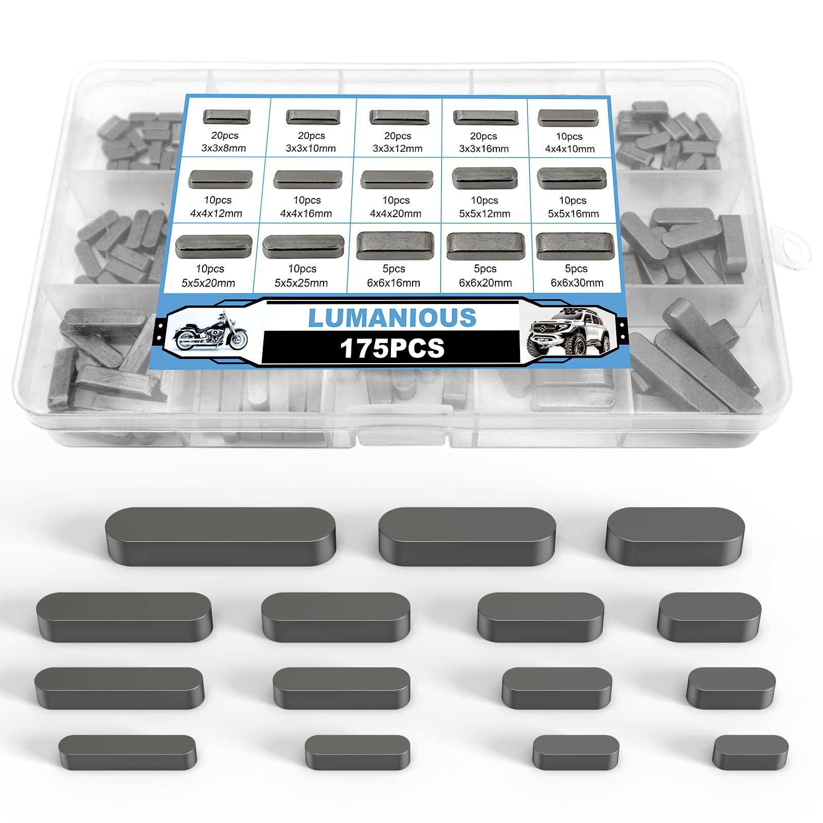 175pcs Woodruff Key Stock Assortment 15 Size Popular Sizes Carbon Steel Round