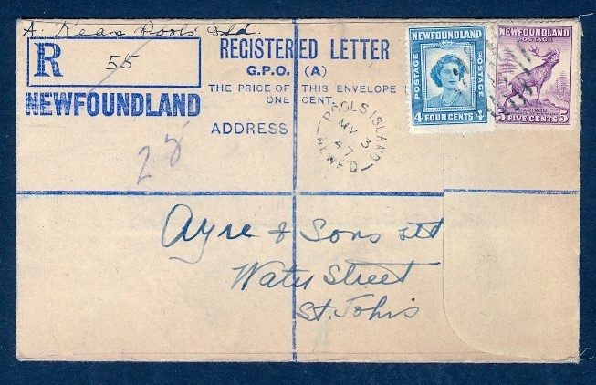 NEWFOUNDLAND #URF1 REG ENVELOPE POOLS ISLAND 1947 SPLIT CIRCLE