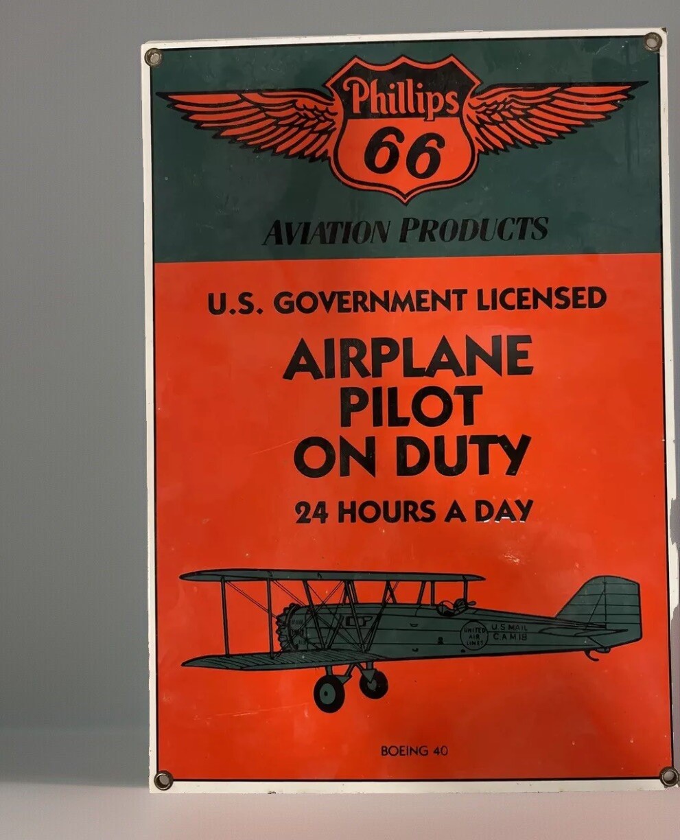 Porcelain Ande Rooney Sign Enamel Kiln Fired Pilot Phillips 66 Fuel RARE Garage