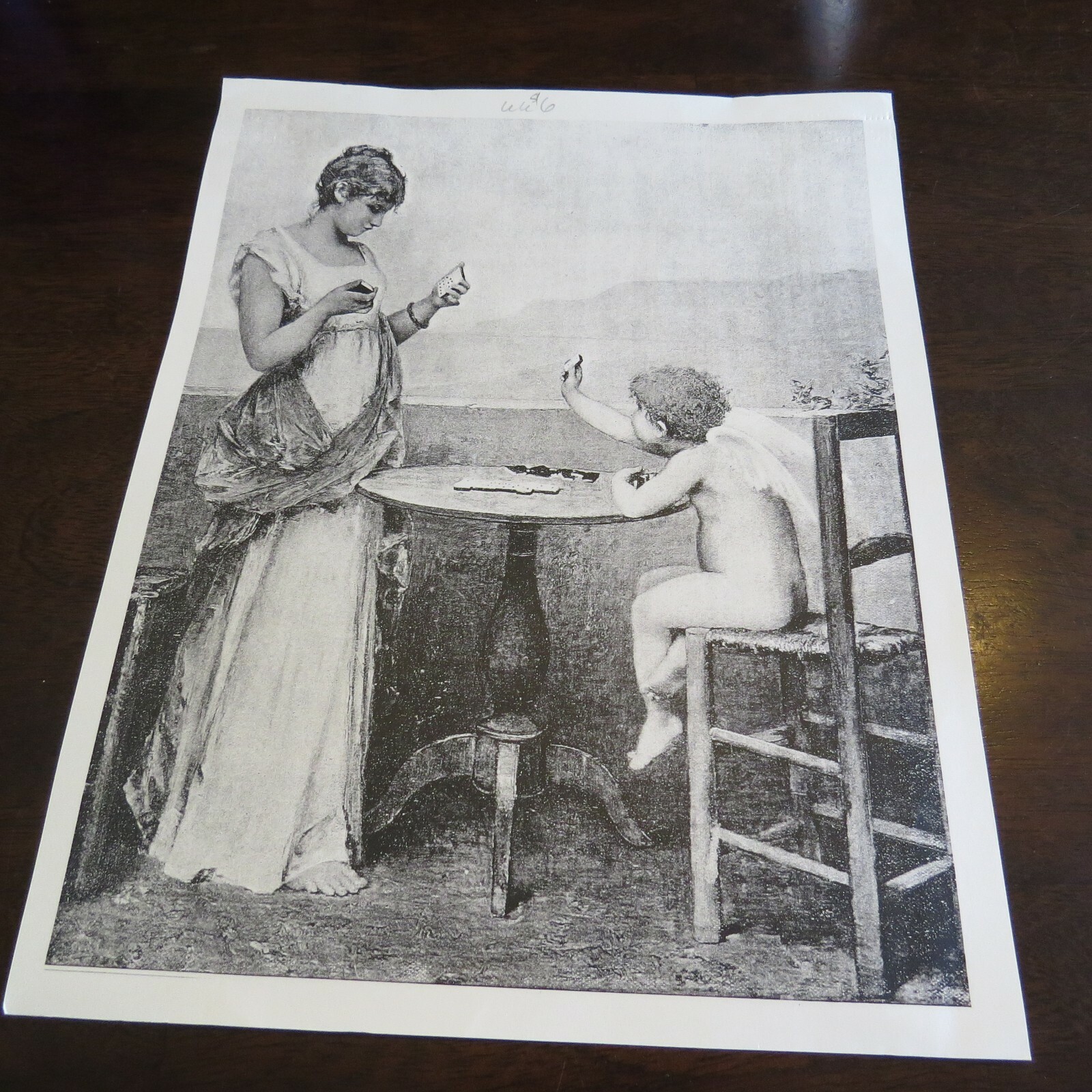 Vintage PRINT Angel Playing GAME Lithograph picture~ Estate