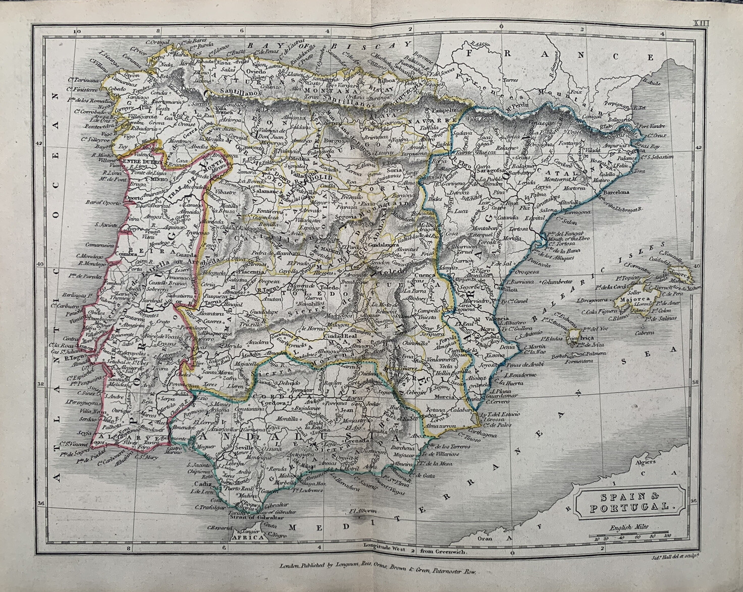 1839 Spain & Portugal Orginal Antique Hand Coloured Map by Sidney Hall