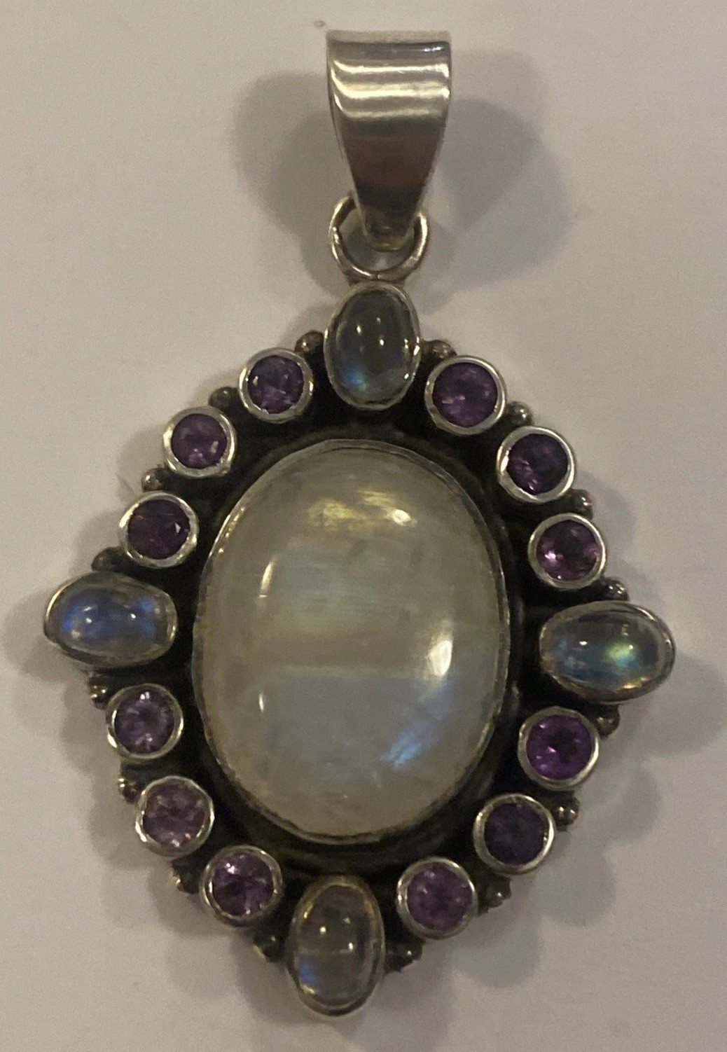 Rainbow Moonstone Gem Set Sterling Silver Pendant Fully Hallmarked 4cm Drop