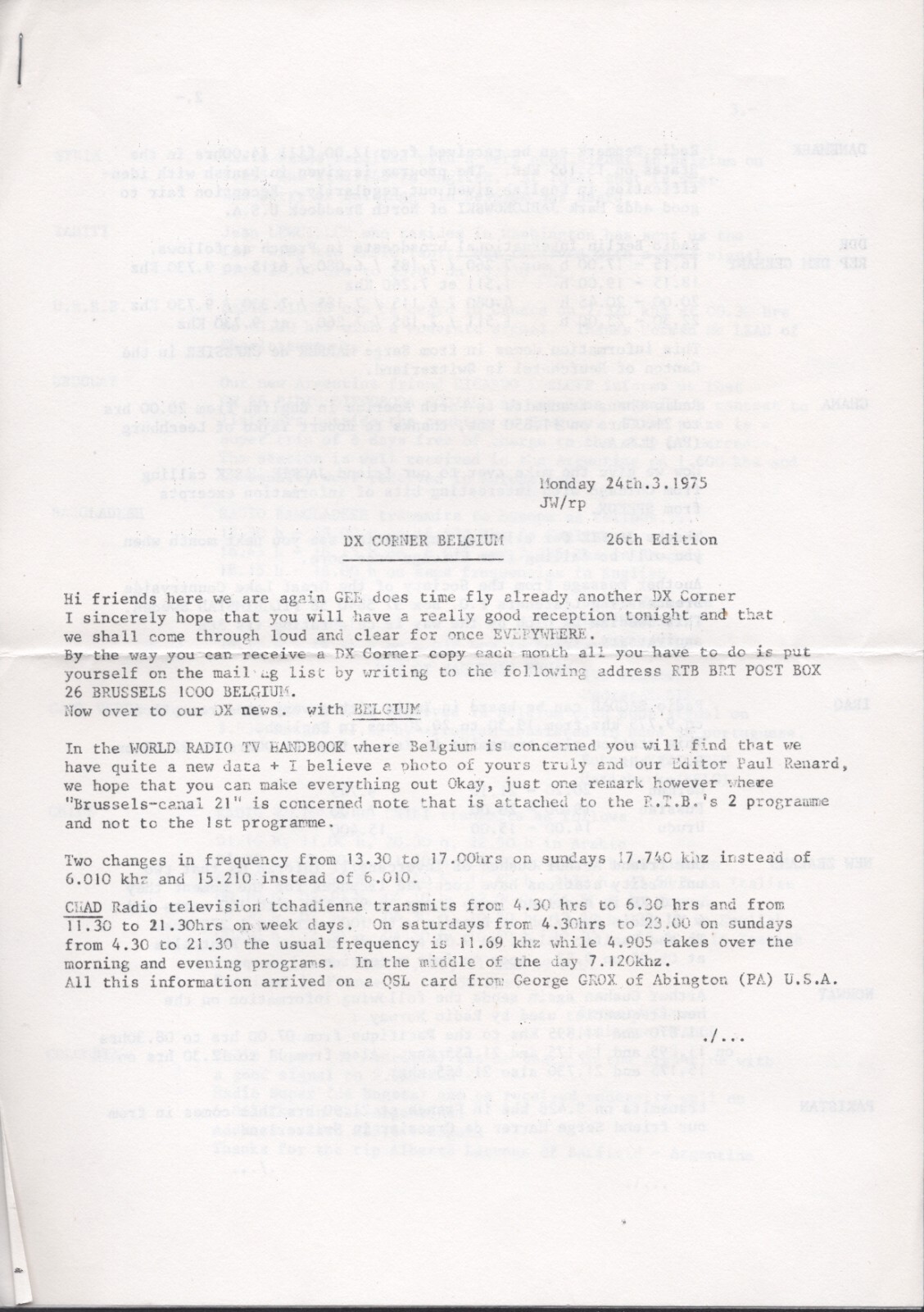 QSL ORU BRT Belgium Radio & TV Lot DX CORNER BELGIUM Shortwave SWL DX1975