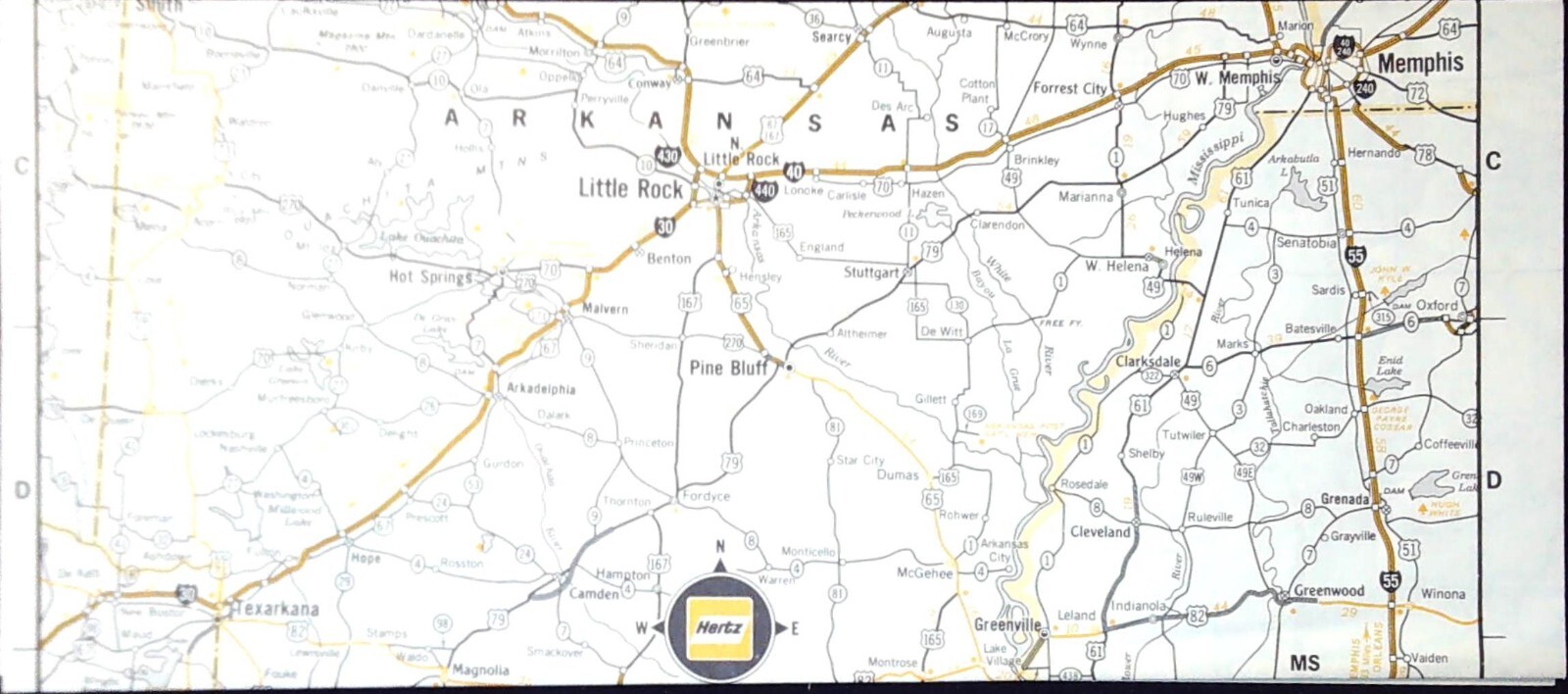 Hertz Fold Out Road Map Arkansas USA Rental Car Travel Highway Guide Memphis