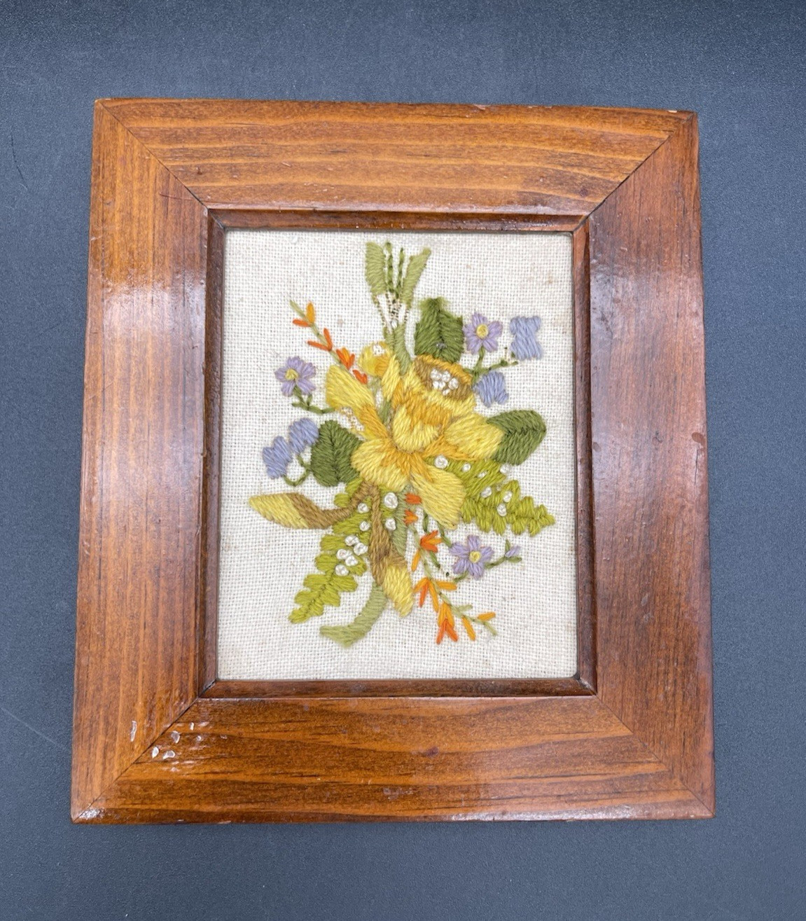 VTG 70s Yellow Floral Crewel Embroidery Wall Art Wood Frame 7x6 Cottagecore READ