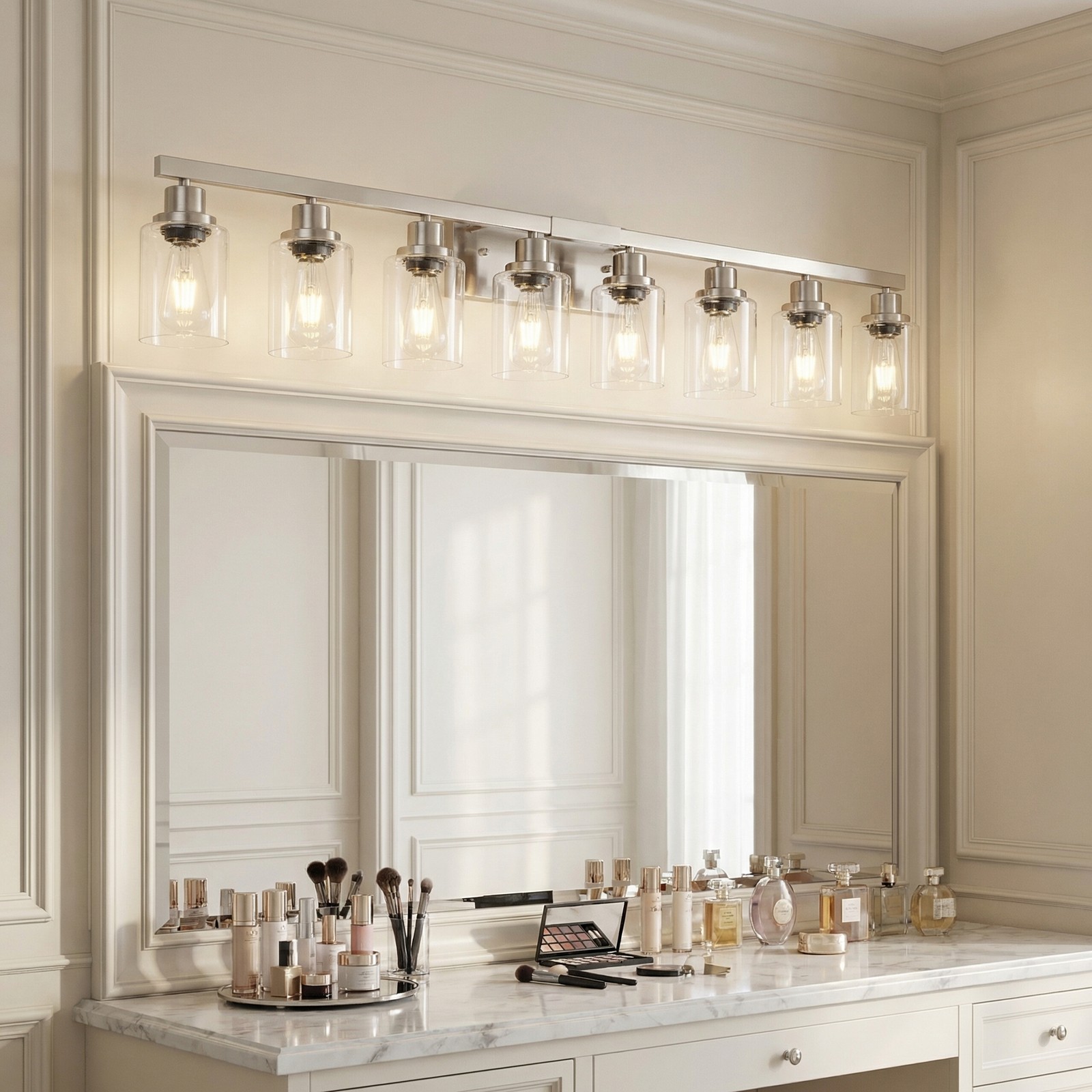 51'' Vanity Light Nickel Modern 8 Lights for Bathroom Mirror Wall Sconce Fixture