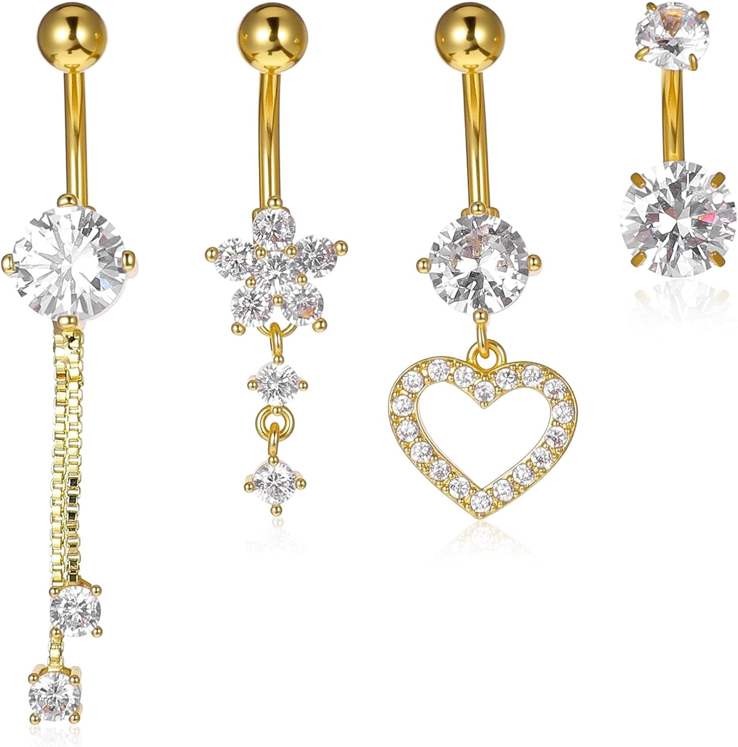 4 Pcs Dangle Belly Button Ring for Women, Stainless Steel Belly Button Piercing 