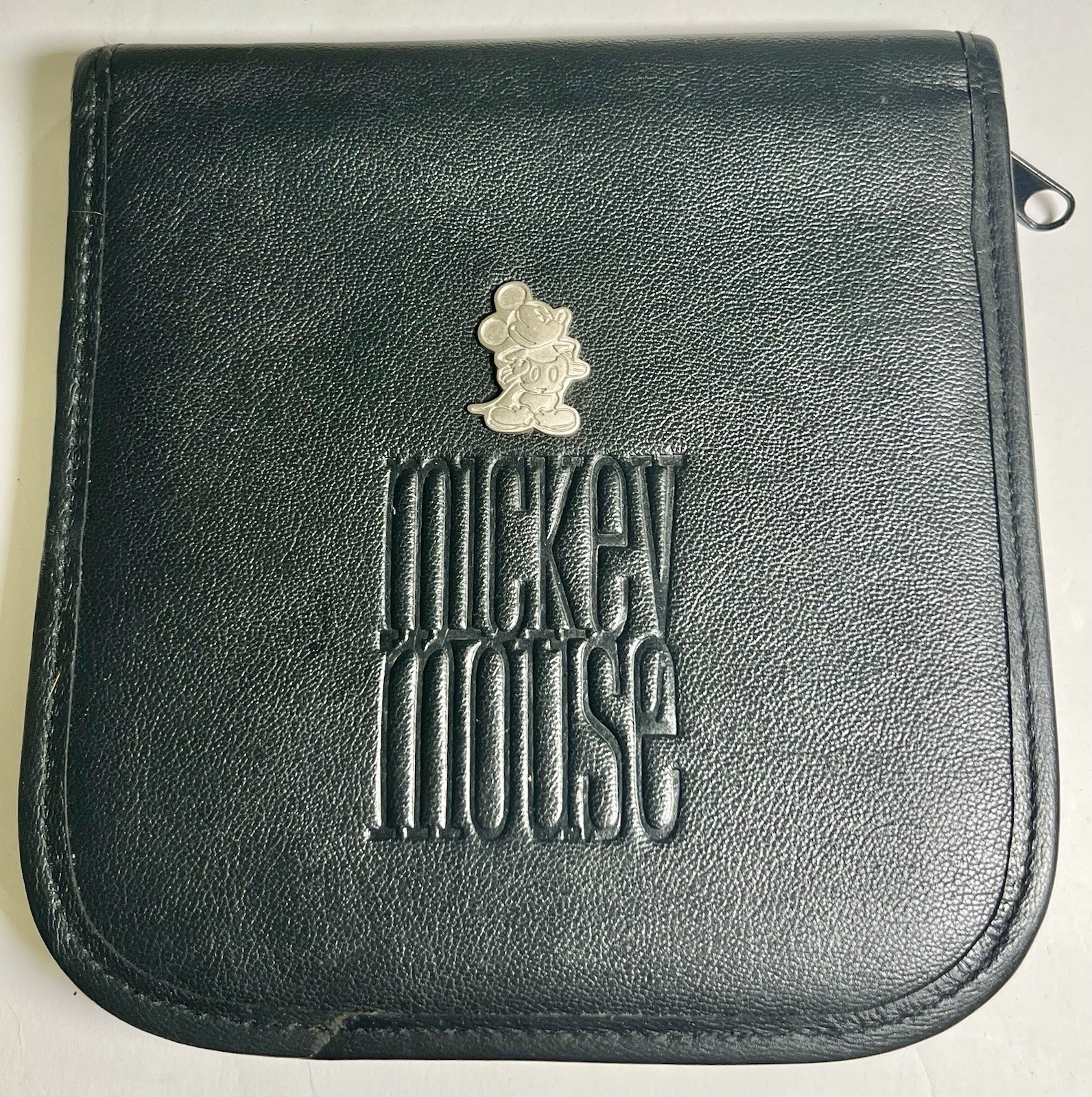 Disney Silver Mickey Mouse Logo Black Leather CD Case Zipper 6 Sleeves Holds 12