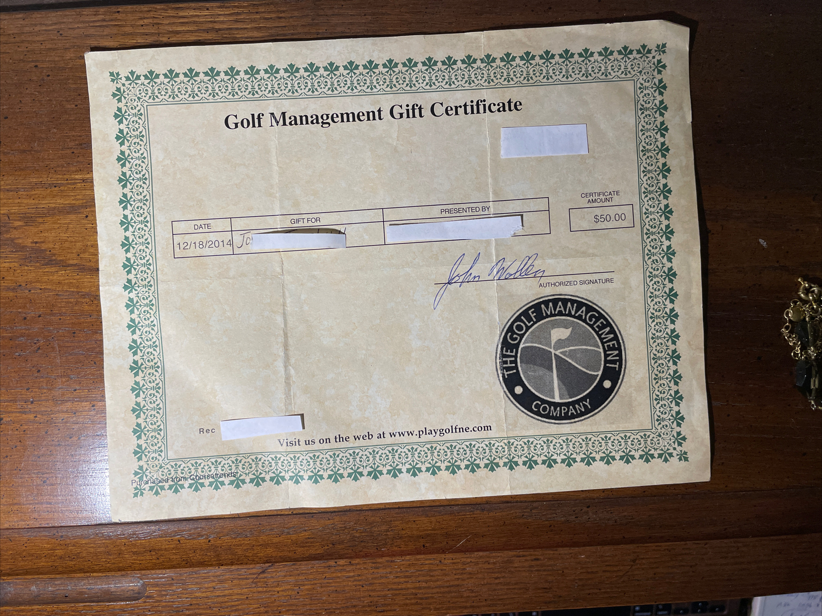 Golf Manangement Gift Certificate $50.00
