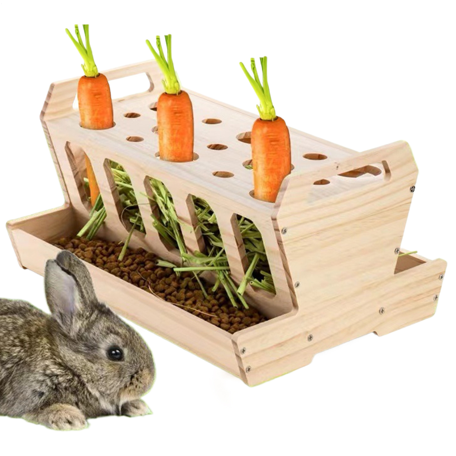 Rabbit Wooden Grass Holder Hay Feeder Grass Container Food Feeding Rack