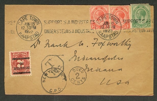 SOUTH AFRICA 1929 KGV COMBO SHORT PAID TO USA w/DUE