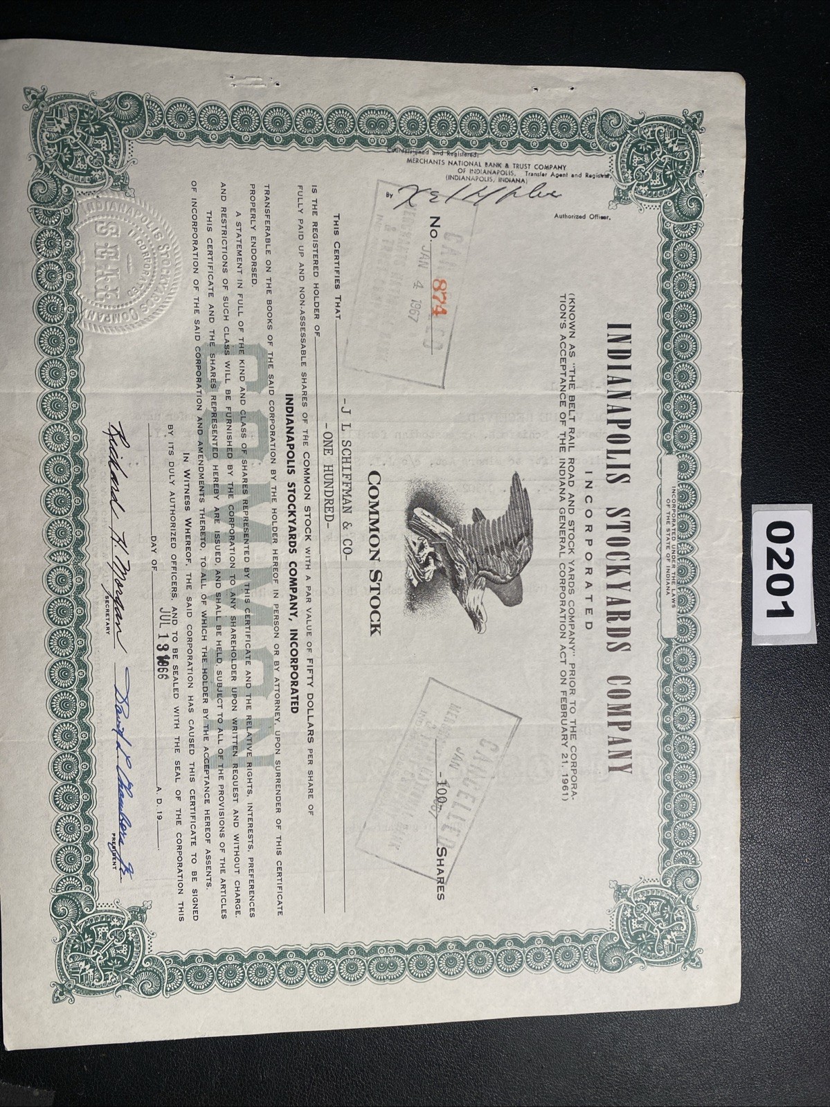 INDIANAPOLIS STOCKYARDS COMPANY Stock Certificate 1966 0201
