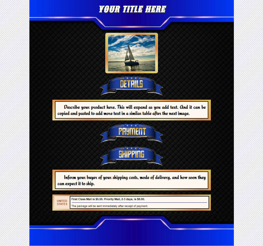 AUCTION TEMPLATE Blue Header Artsy Design Fun With Fonts - Free Shipping