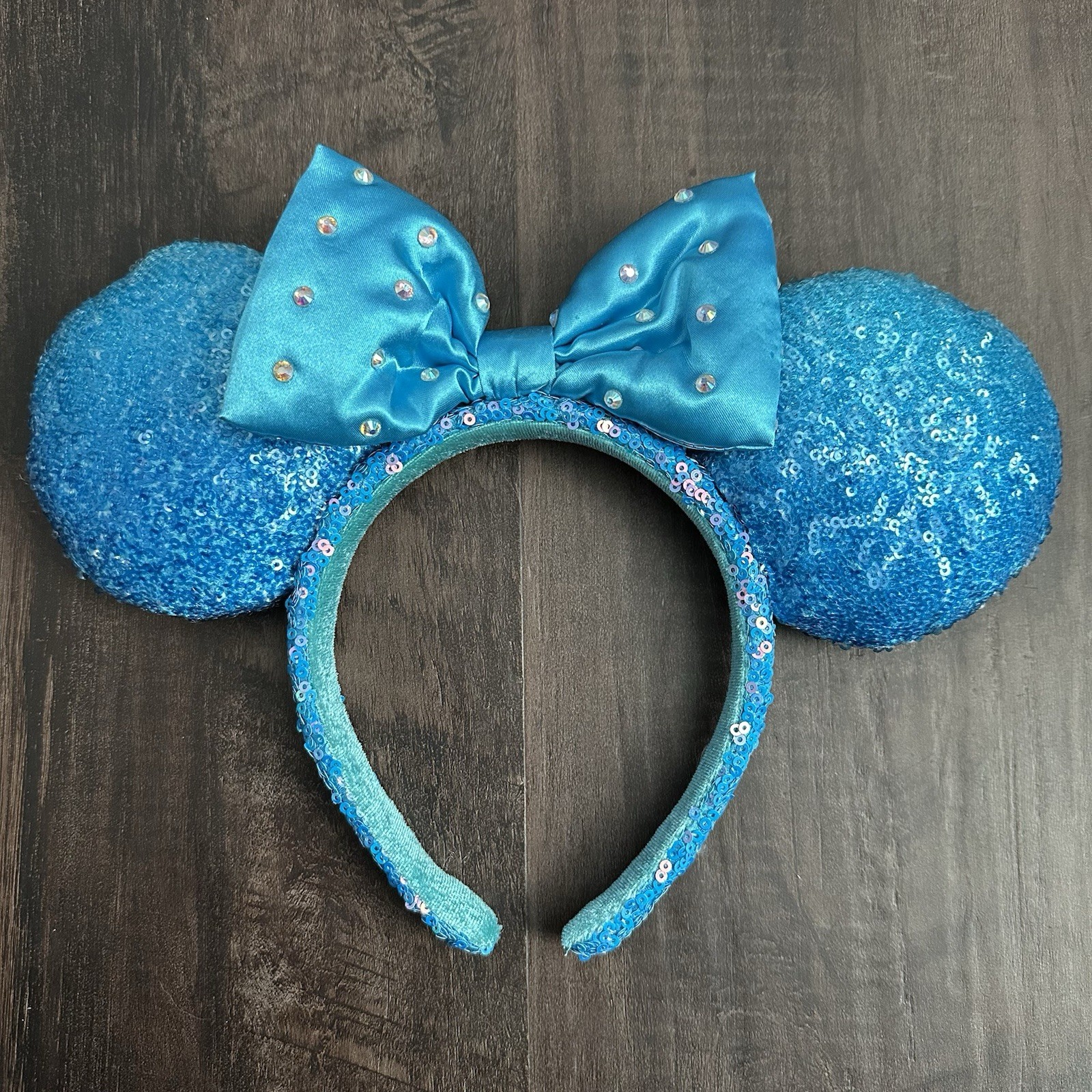 Disney Parks Minnie Ears Headband Blue Sequin & Satin Diamond Bling Bow No Tags