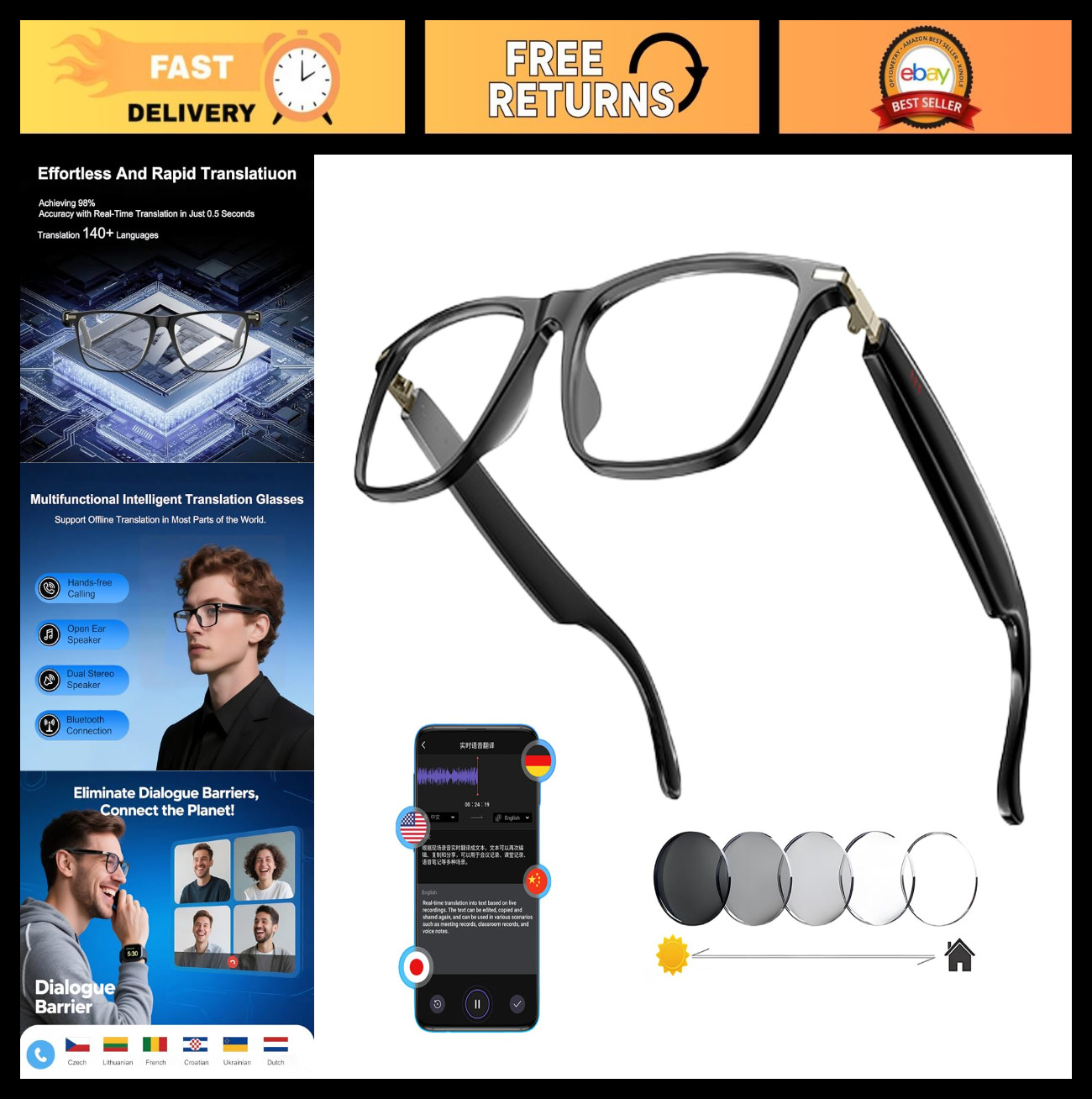 Wireless Bluetooth Translation Glasses - AI Smart, 140+ Languages, Speakers, Col