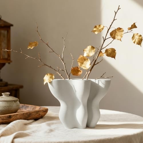 Contemporary White Ceramic Vase, Abstract Irregular Shape White-c, 5.5 Inch