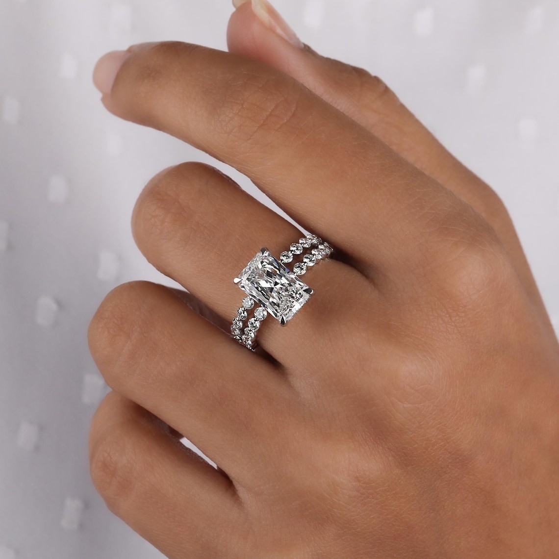 2 CT Radiant Cut Hidden Halo Moissanite Wedding Bridal Ring Set Solid 14K White