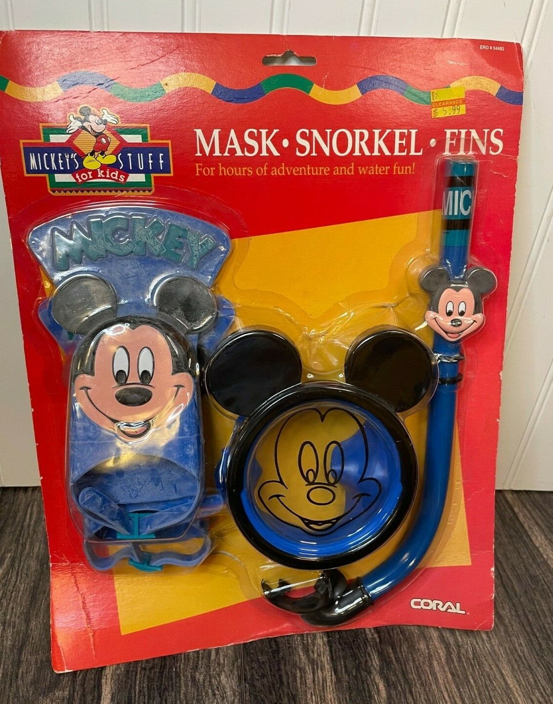 Vintage Disney Mickey Mouse Kids Mask Snorkel & Fins Set Swimming Ocean SEALED 