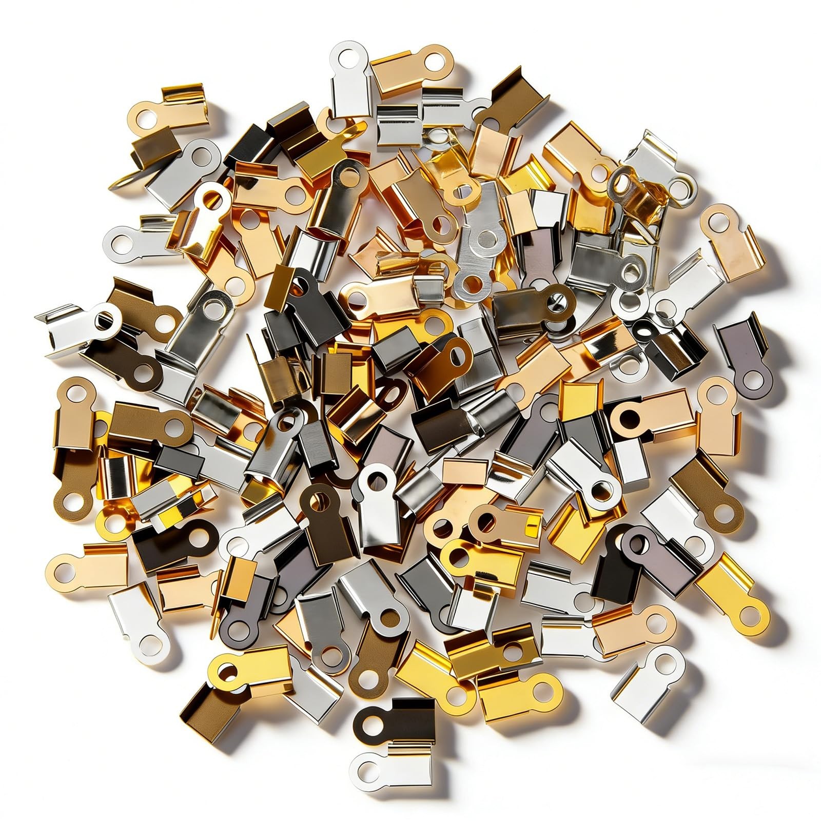 Fold Over Cord End Caps, 200 Pcs Crimp Silver, Bronze, Gold, Gunmetal 